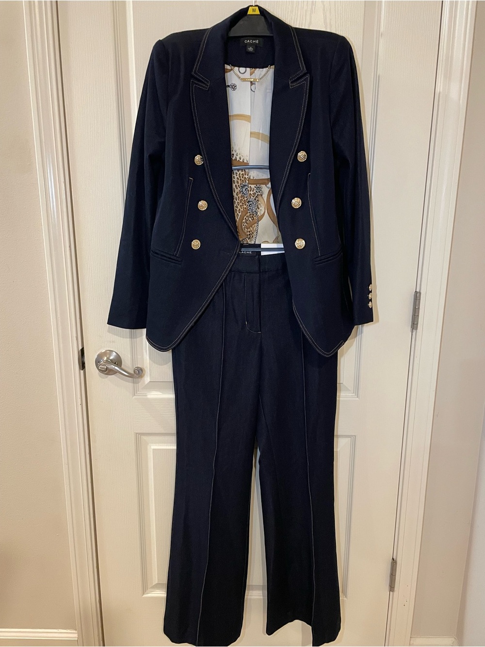 Caché Navy Pantsuit with Gold Accents